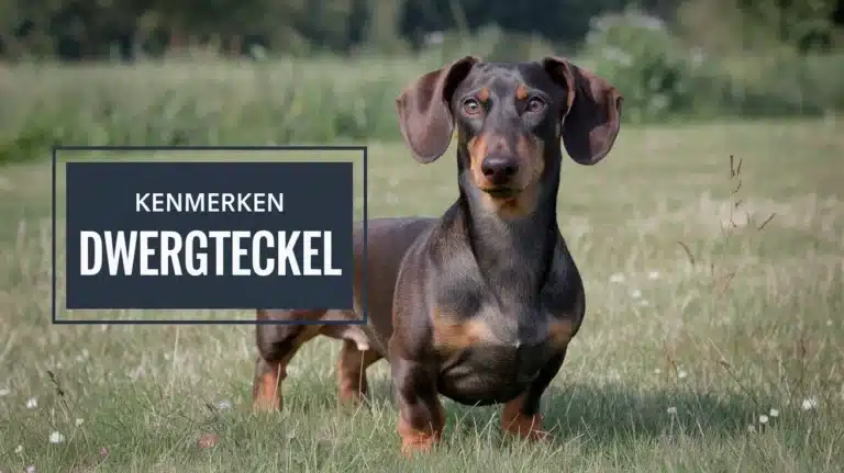 Een teckel staat op het gras en kijkt alert. Een tekstvak aan de linkerkant luidt "Kenmerken Dwergteckel" in een vet lettertype. De achtergrond toont wazig groen.